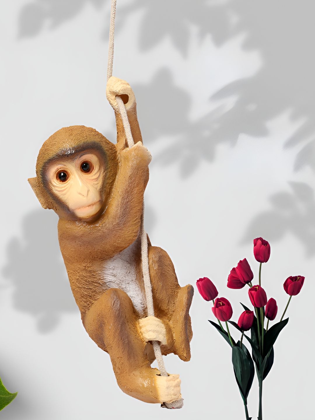 Vikarafty Monkey Climbing Hanging with Rope Beige Polyresin Matte Garden Large Showpiece - 15 Inches