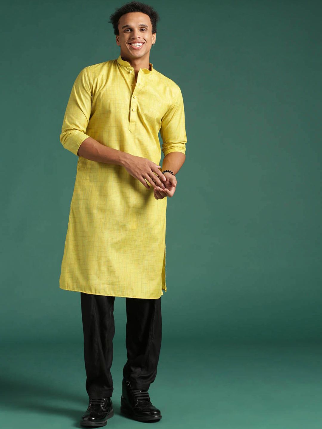 Sangria Yellow Checked Cotton Mandarin Collar Straight Kurta