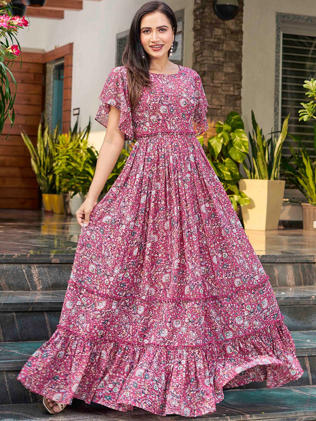 Buy CHANSI Floral Printed Georgette Flared Sleeves Tiered Maxi