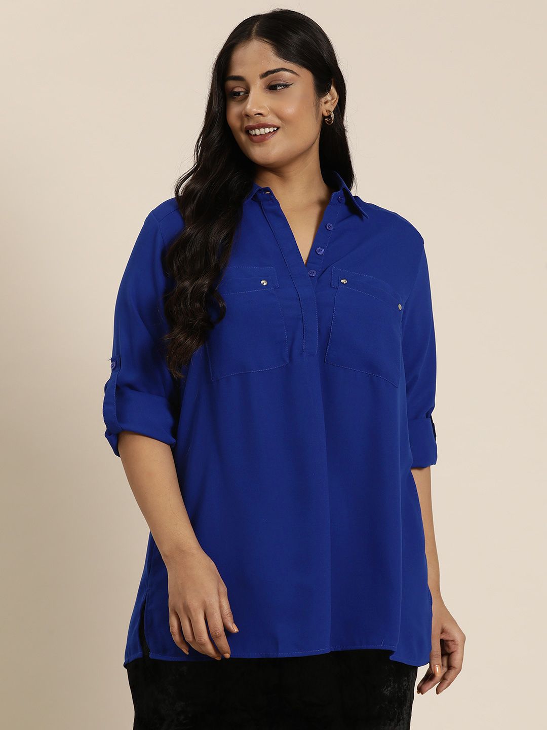 Qurvii+ Plus Size Comfort Roll-Up Sleeves Casual Shirt