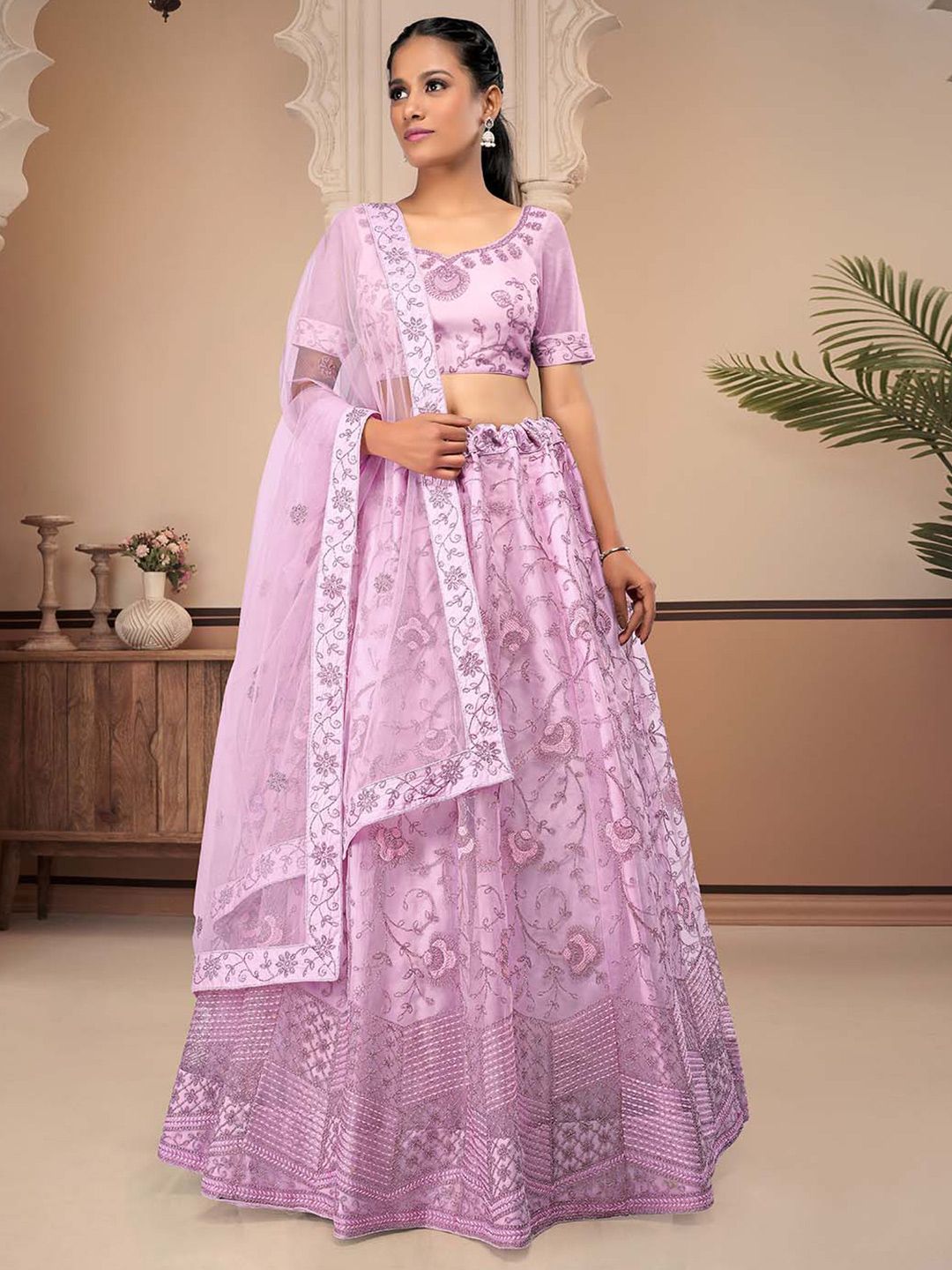 HALFSAREE STUDIO Pink & Embroidered Semi-Stitched Lehenga & Unstitched Blouse With Dupatta