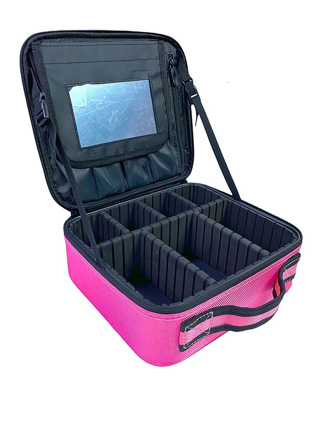 HOUSE OF QUIRK Pink Adjustable Compartment Makeup Organiser Bag With Mirror