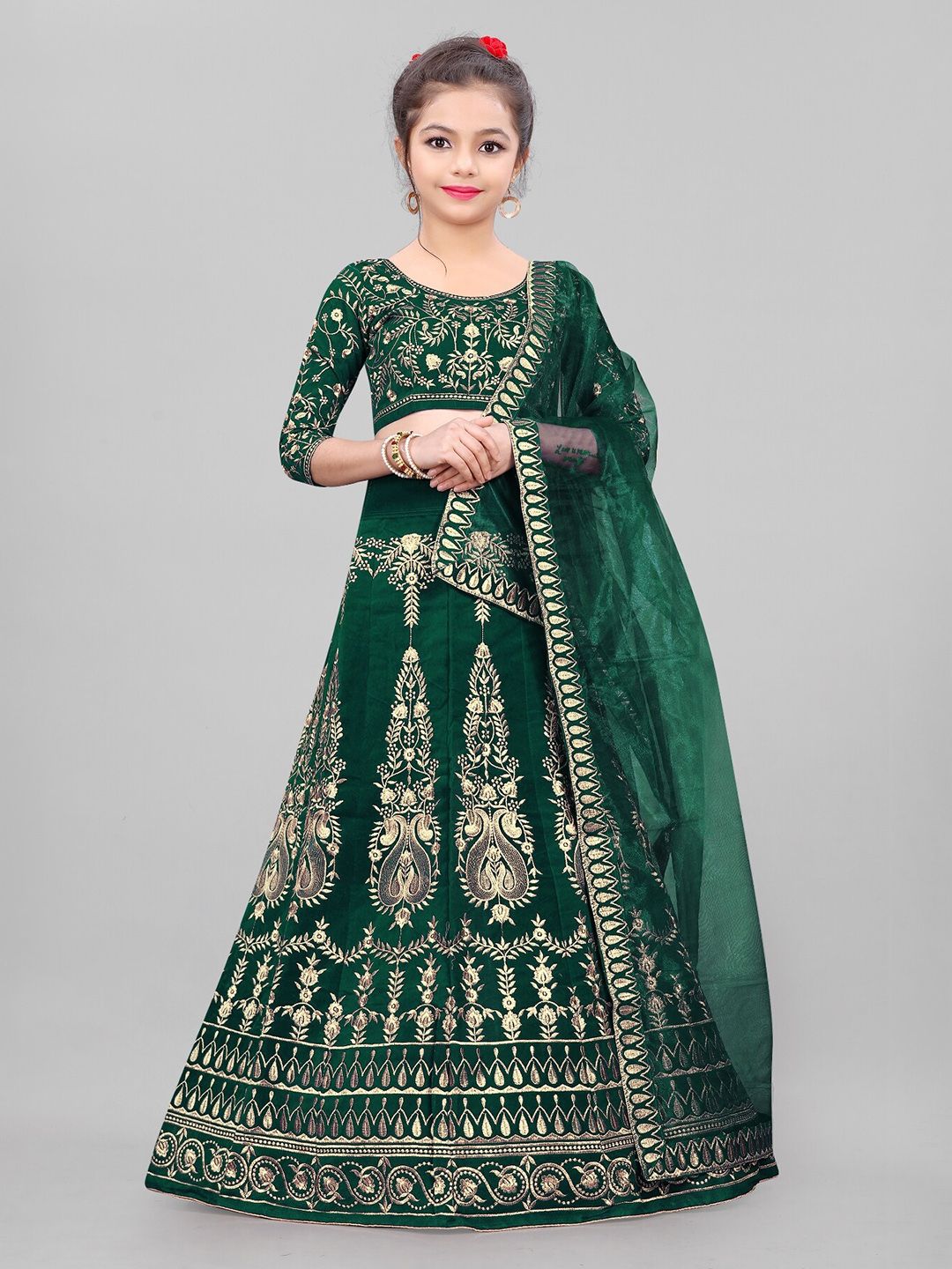 BAESD Girls Green Embroidered Thread Work Semi-Stitched Lehenga & Unstitched Blouse With Dupatta Price in India