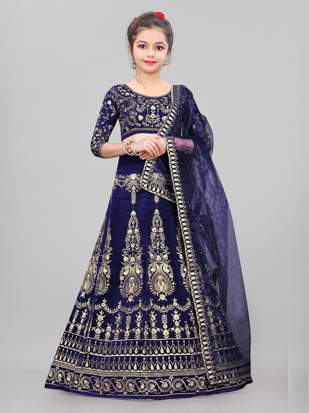 BAESD Girls Blue Embroidered Thread Work Semi-Stitched Lehenga & Unstitched Blouse With Dupatta Price in India