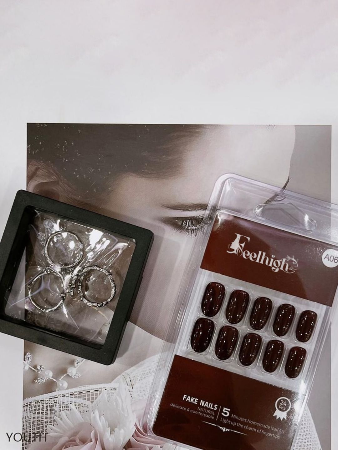 FEELHIGH 24-Pcs Long Lasting Reusable Artificial Fake Nail Set - A06