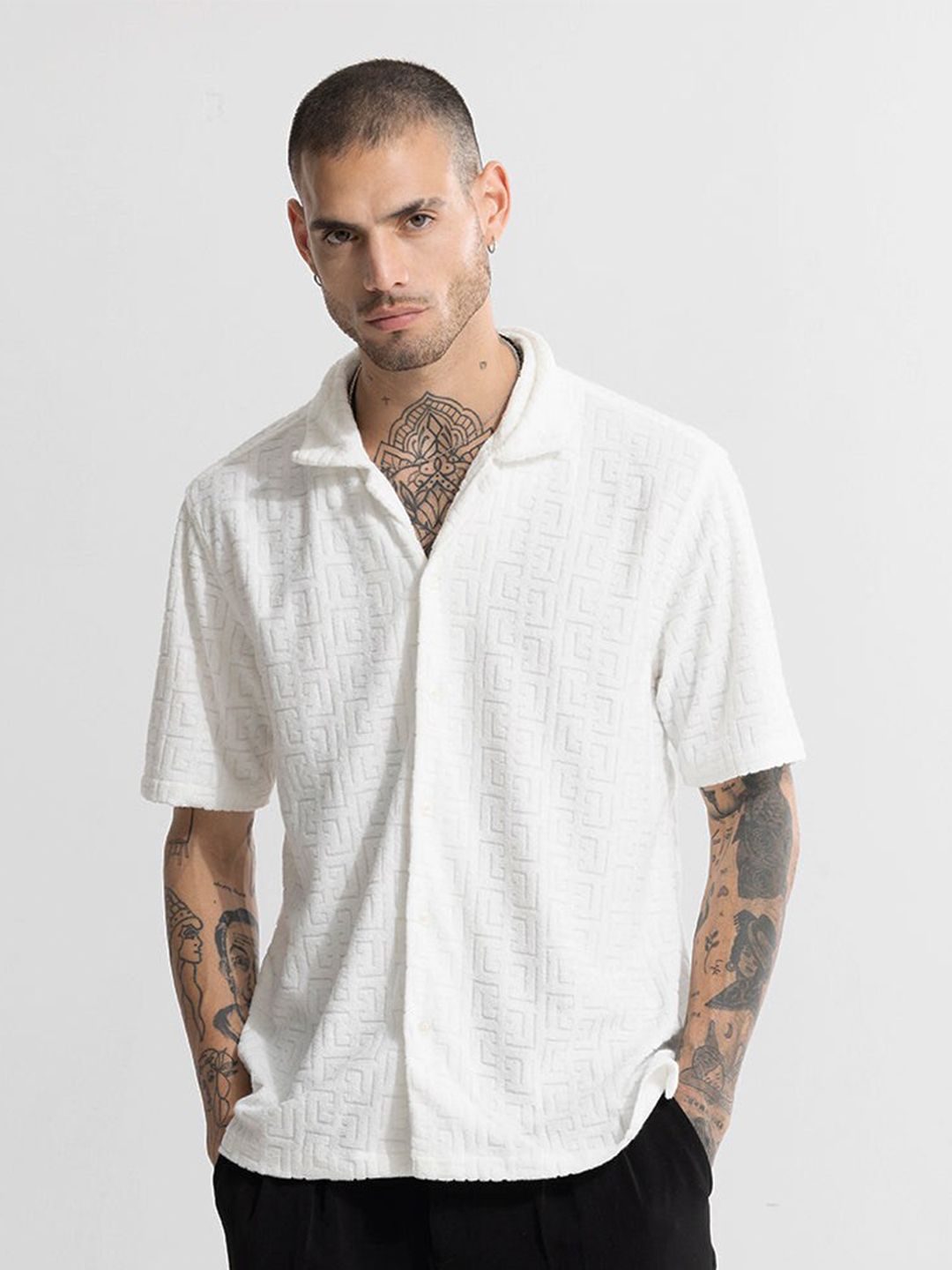 Snitch White Classic Self Designed Casual Shirt deal from myntra