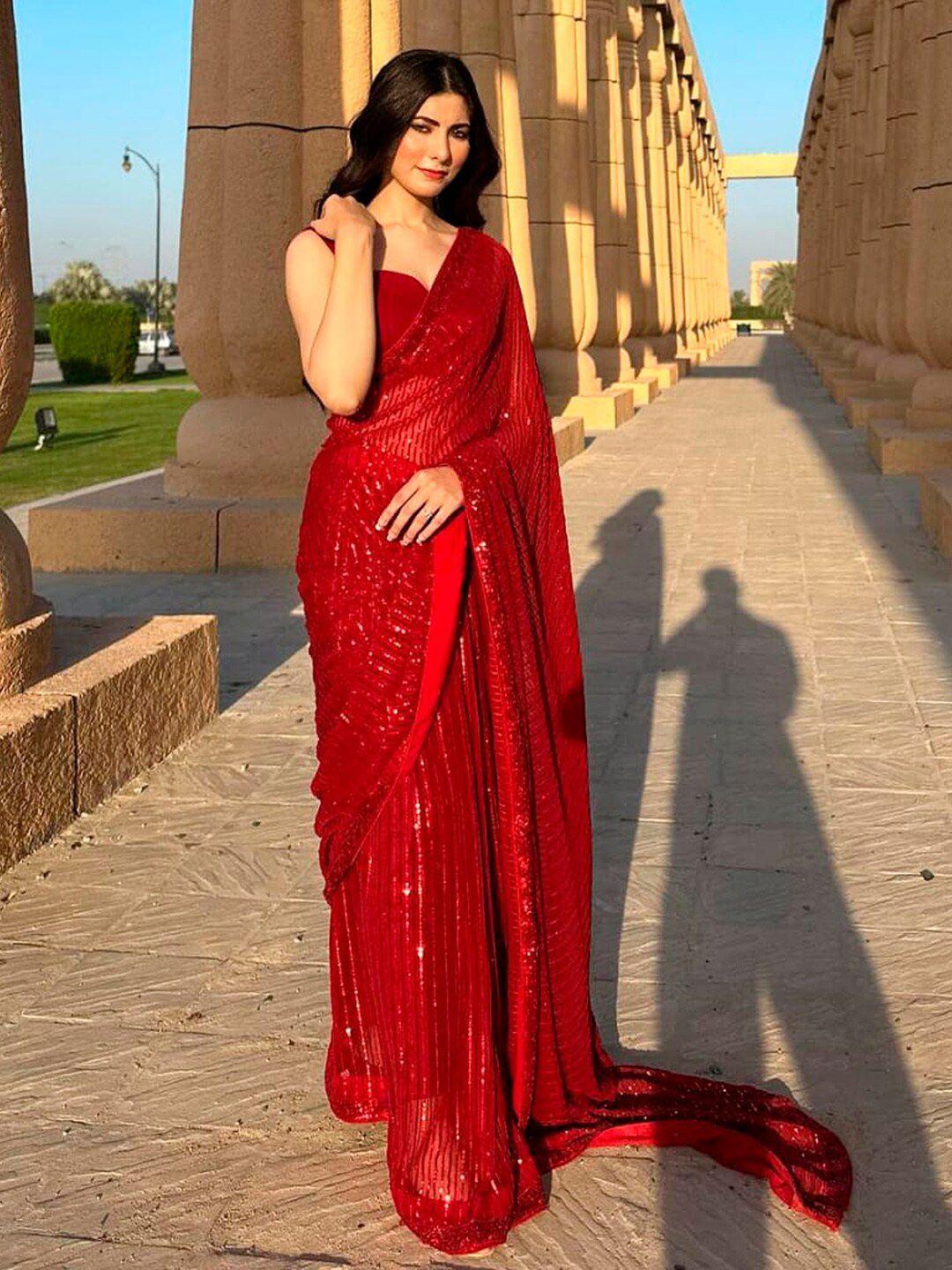 Sangria Red Embellished Pure Georgette Saree Price in India