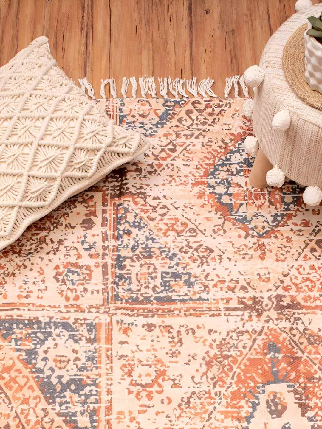 HOMADORN Beige & Brown Printed No Shredding Dhurrie