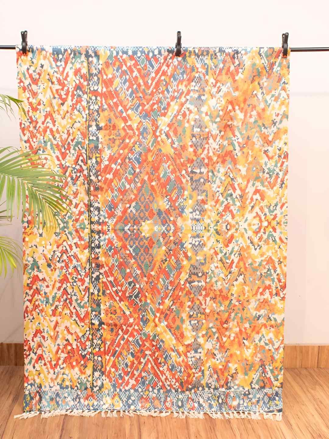 HOMADORN Yellow & Orange Colored Printed No Shredding Dhurrie