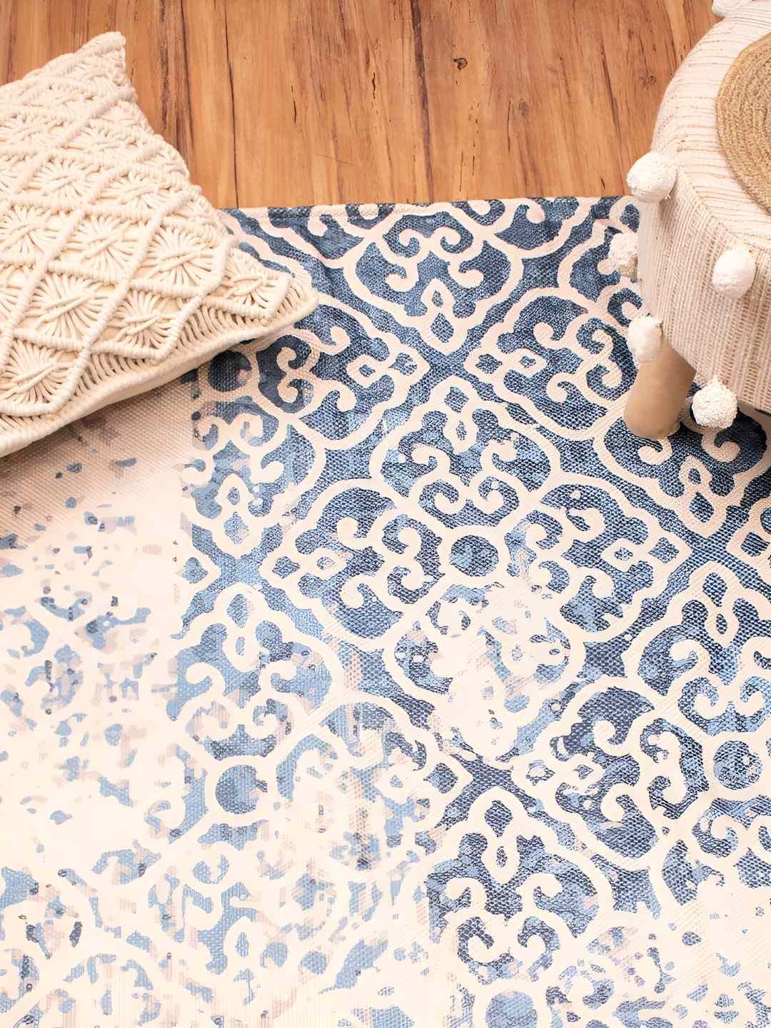 HOMADORN Blue & Beige Ethnic Motifs No Shredding Dhurrie