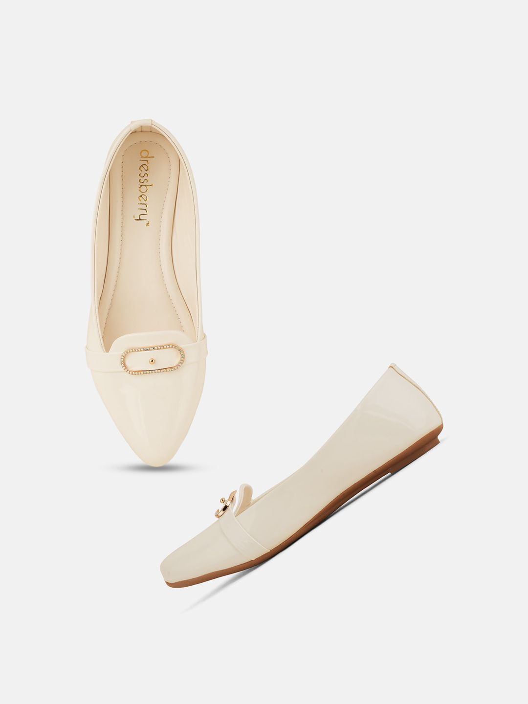 DressBerry White Buckle Detail Pointed Toe Ballerinas