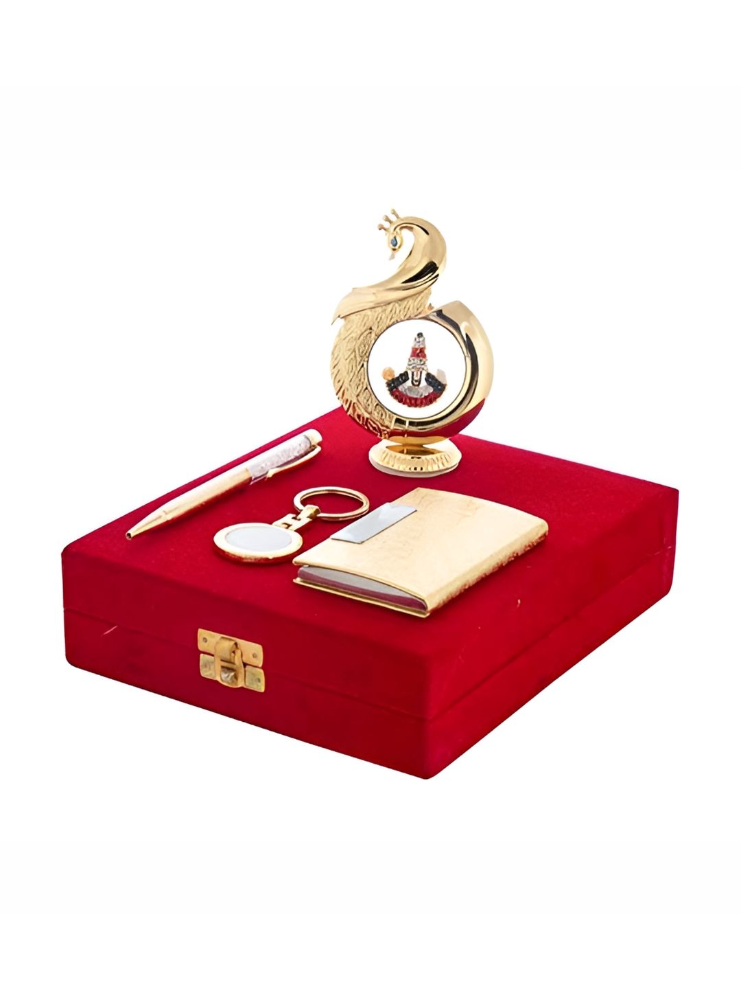 INTERNATIONAL GIFT Gold Toned Pen Card Holder Key Ring & Tirupati Balaji Idol Gift Set