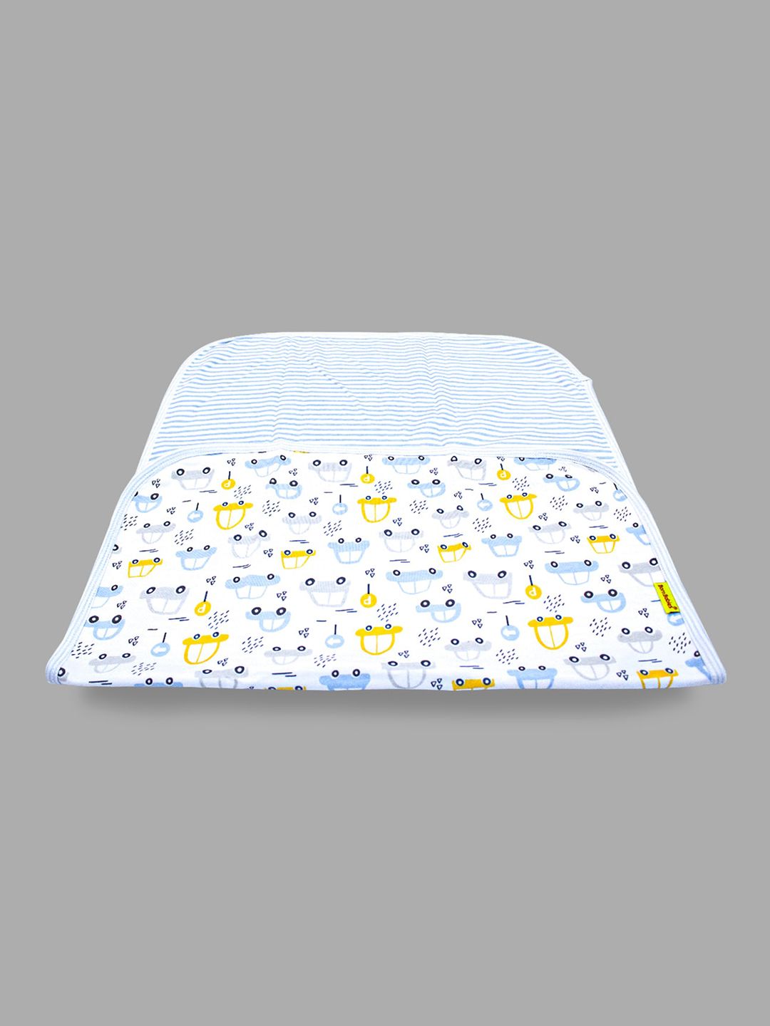 Born Babies Infants White & Blue Printed 210 GSM Pure Cotton Bath Towel