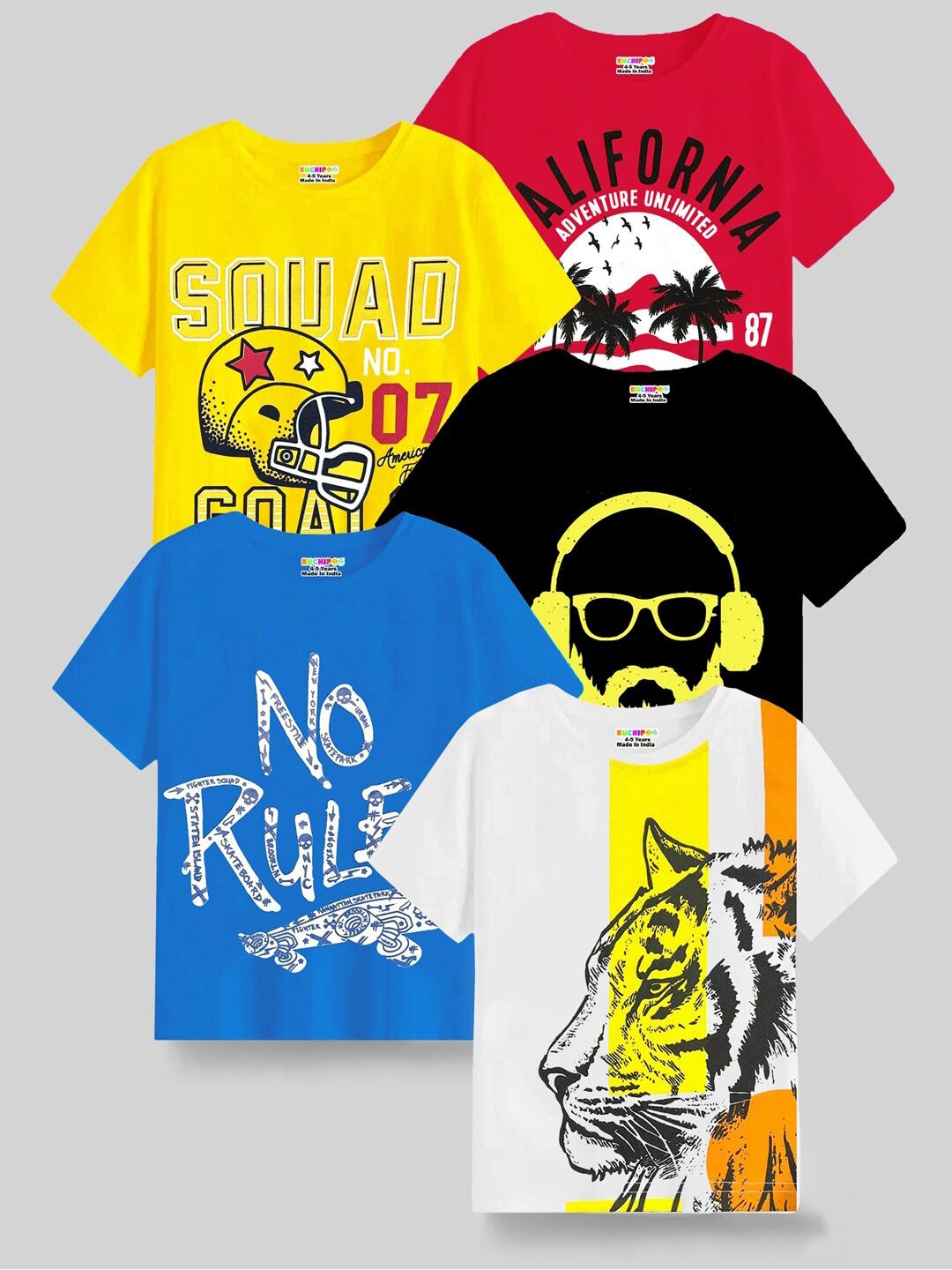 KUCHIPOO Kids Pack Of 5 Printed Round Neck Casual T-shirt