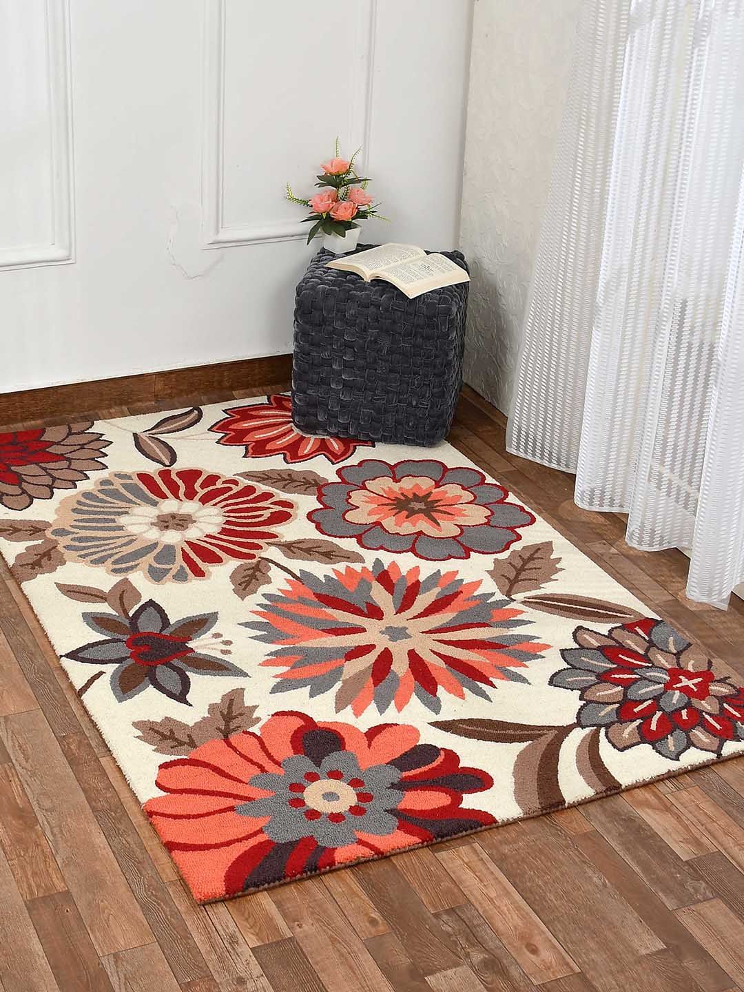 PRESTO PRESTO White & Red Floral Woollen Rectangular Carpet