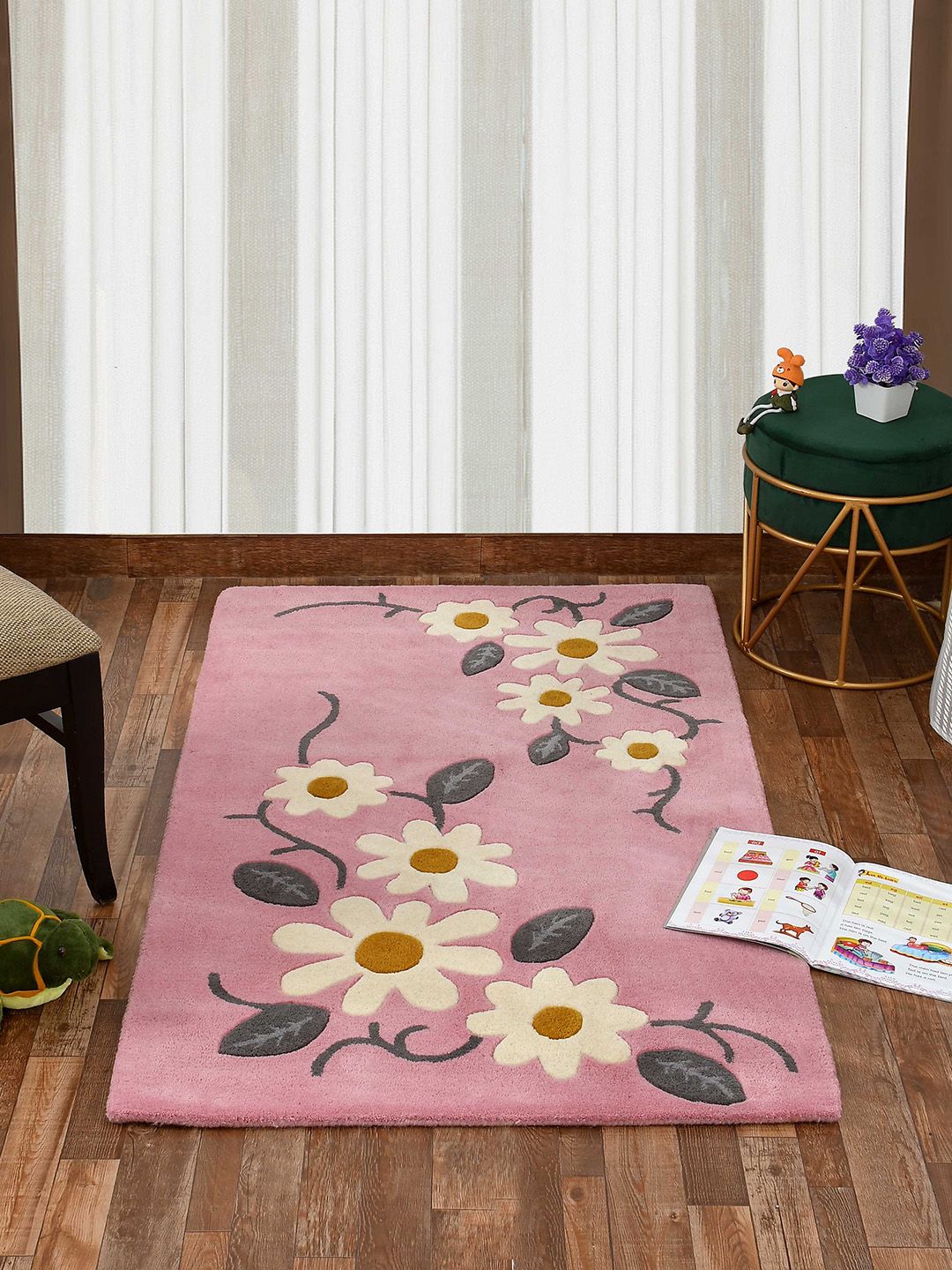 PRESTO PRESTO Pink & Grey Floral Tufted Woollen Rectangular Carpet