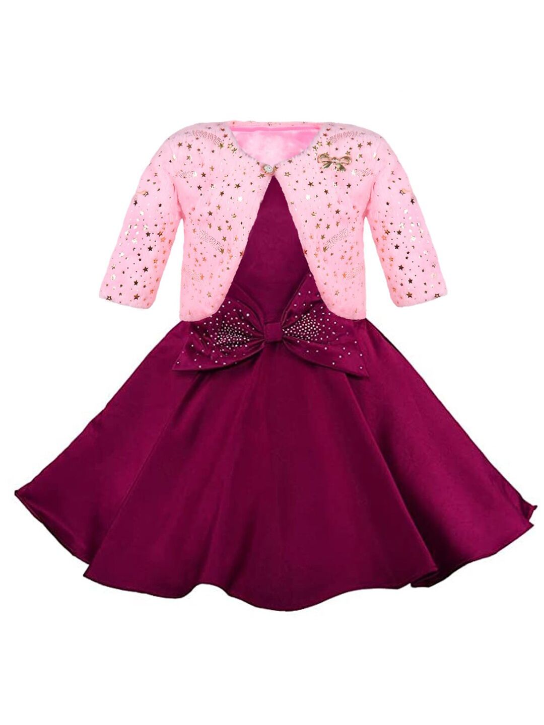 Wish Karo Girls Bow Detailed Silk Fit & Flare Dress With Jacket