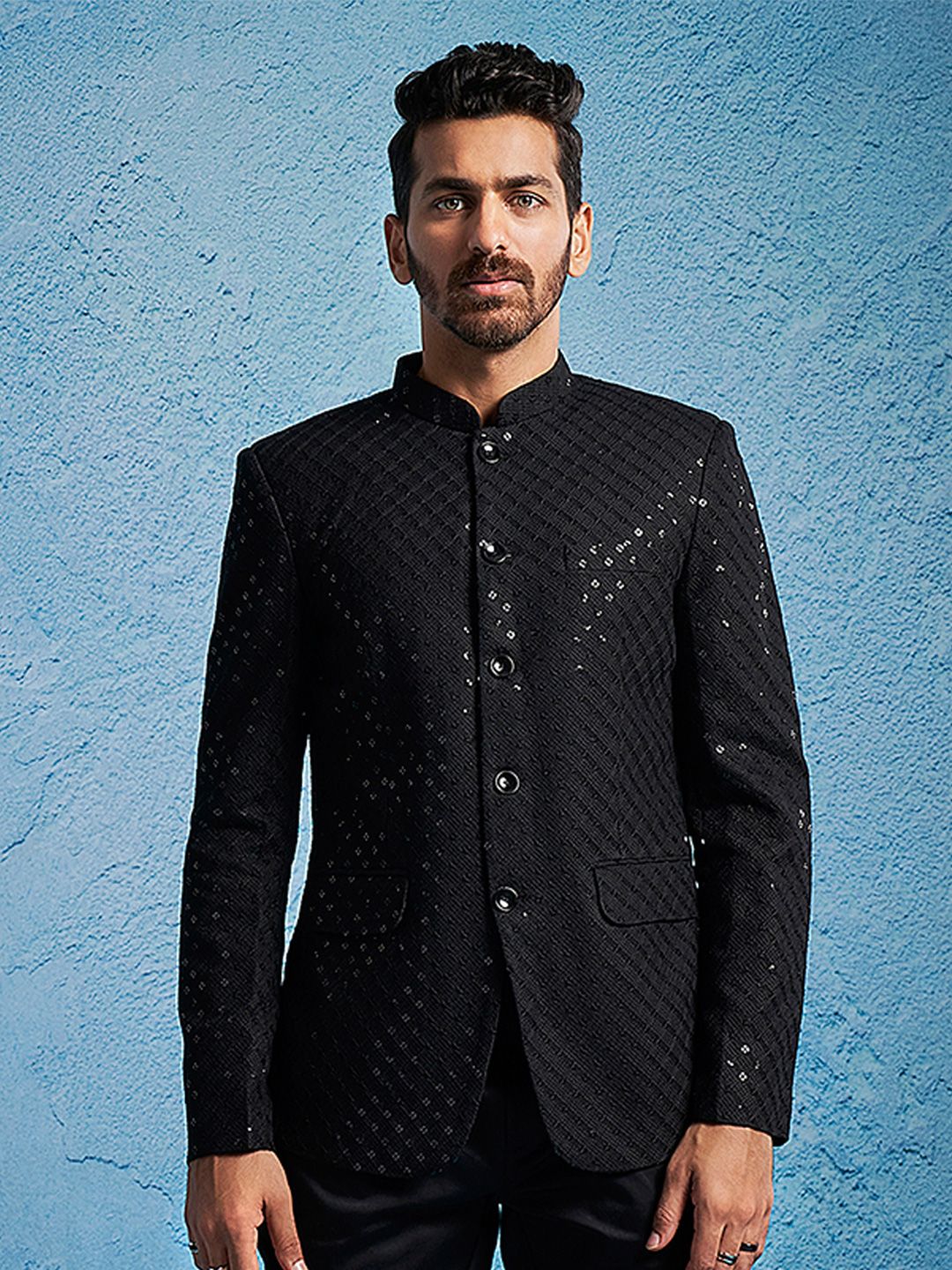 VASTRAMAY Self Design Sequined Slim Fit Bandhgala Blazer