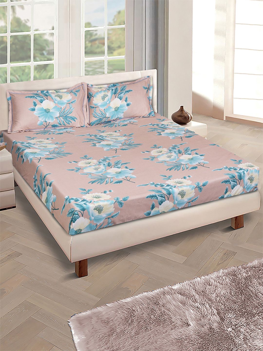 ROMEE Peach Floral Microfiber 144 TC Queen Bedsheet with 2 Pillow Covers-100 x 90 inches