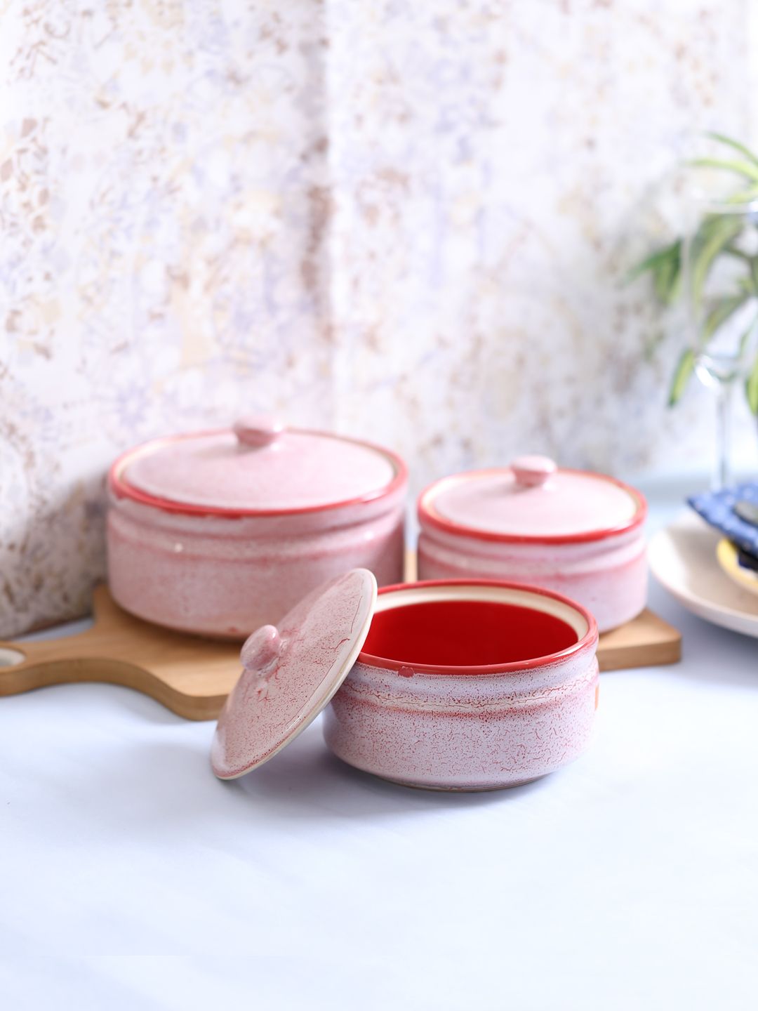 VarEesha Pink Set of 3 Solid Marble Stoneware Serving Bowls with Lid Price in India