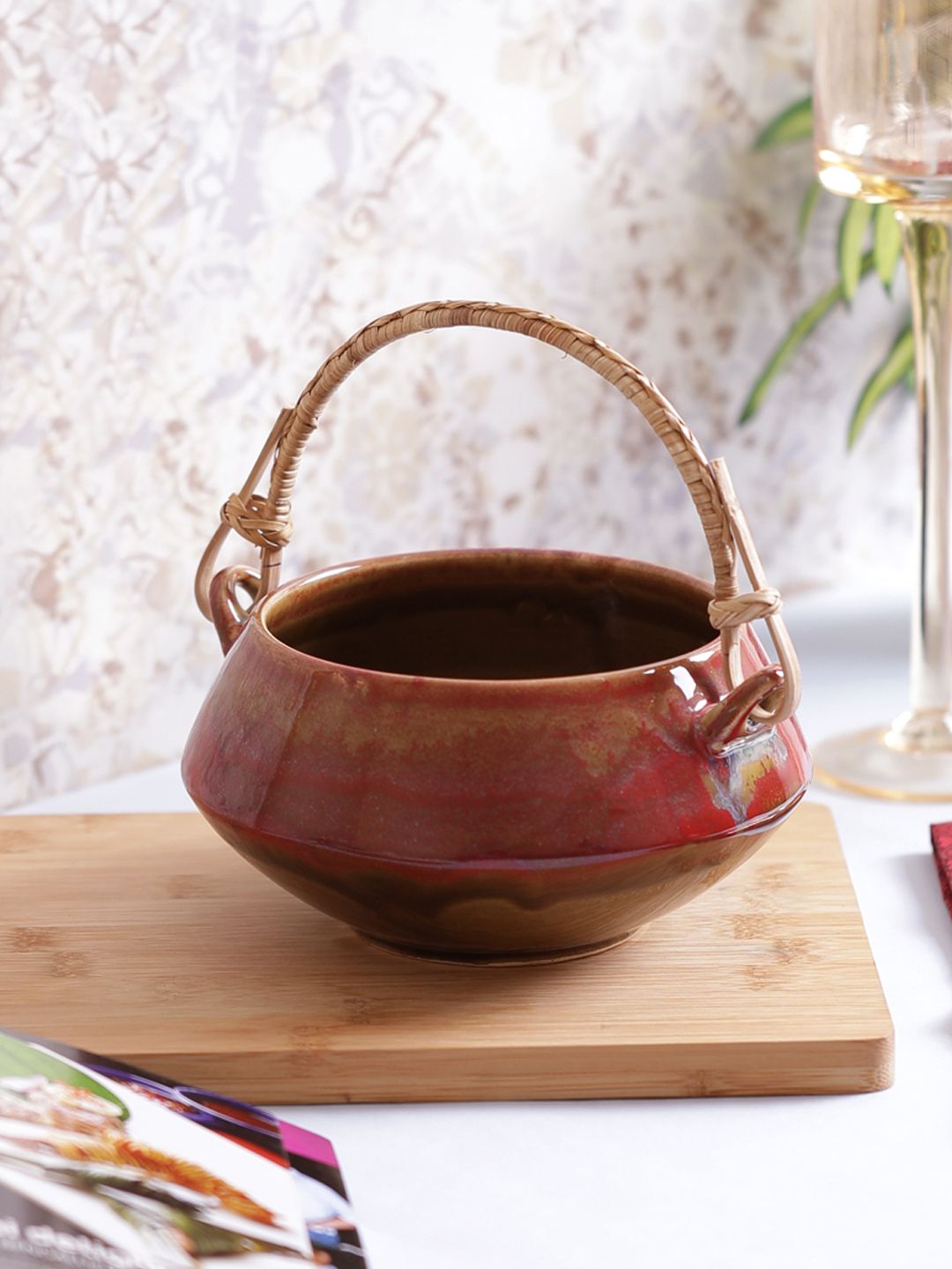 VarEesha Red Solid Ceramic Handi Bowl with Cane Handle Price in India