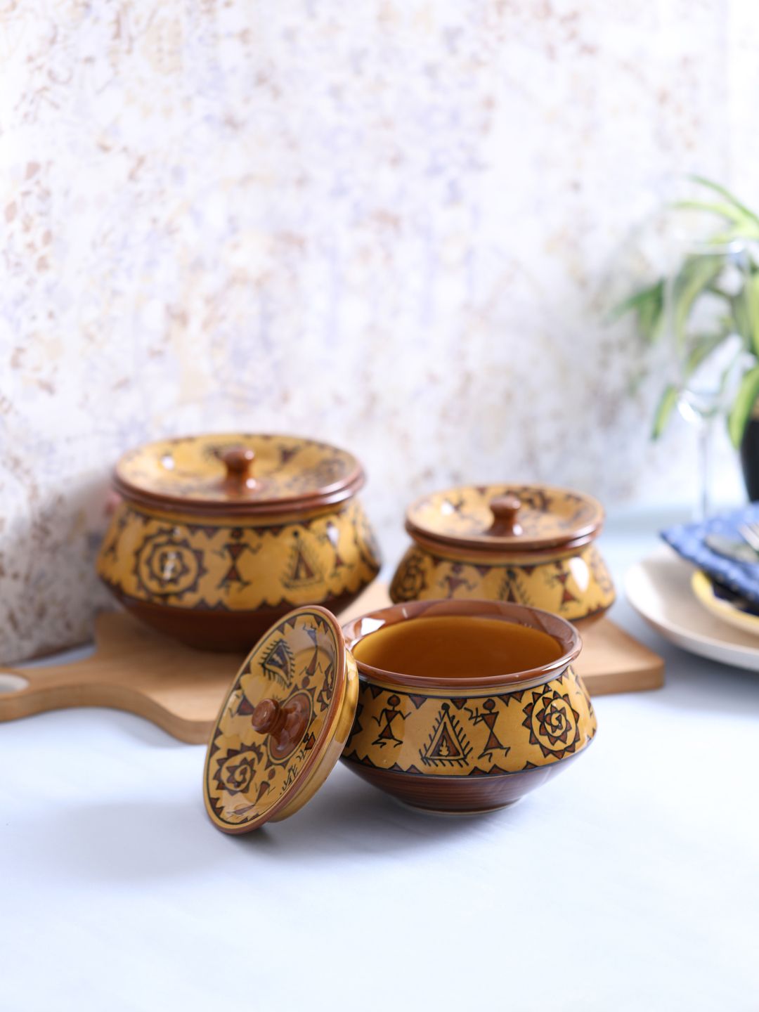 VarEesha Camel Brown Set of 3 Printed Ceramic  Warli Handi Serving Bowls Price in India
