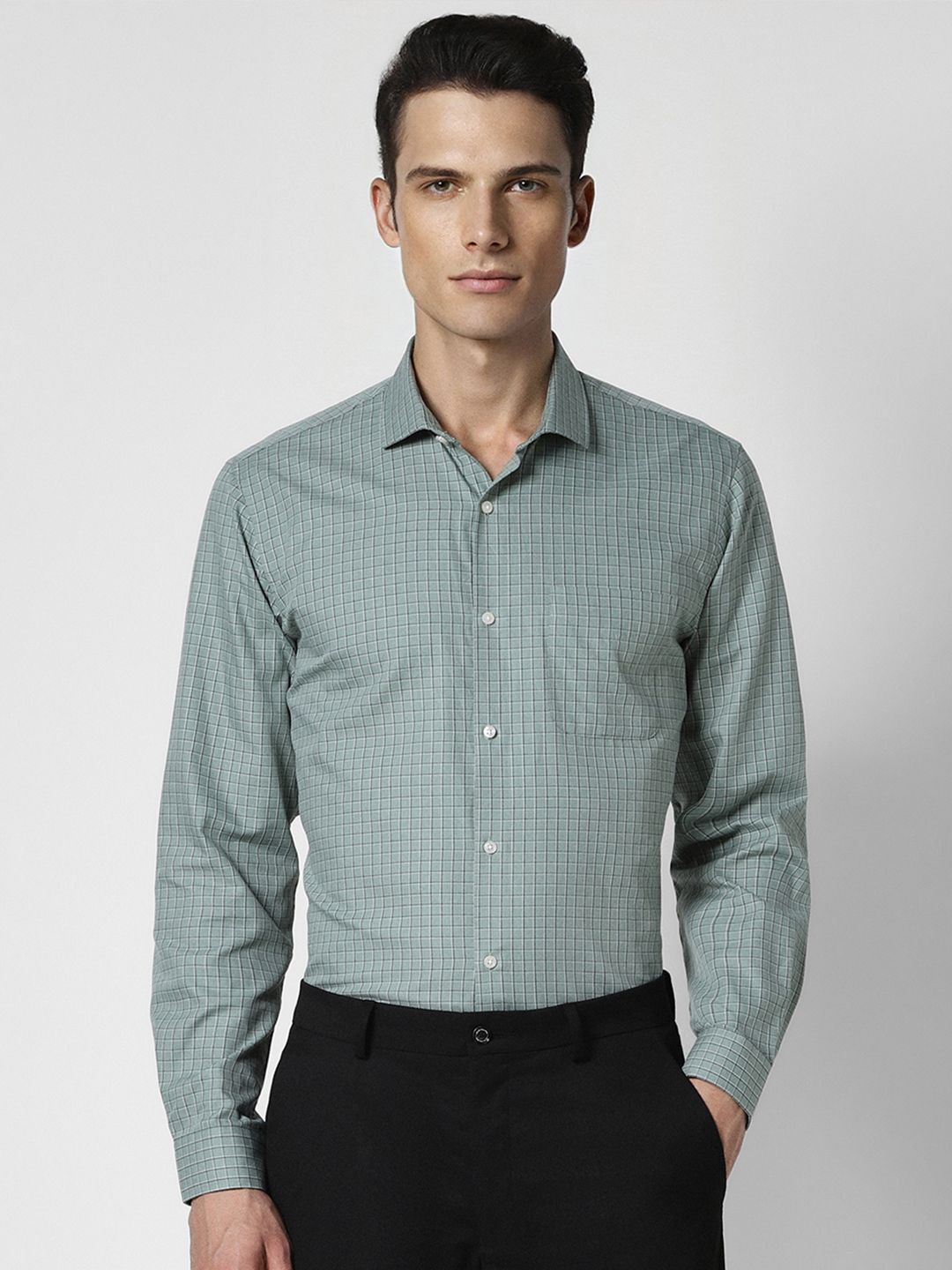 Peter England Peter England Men Green Slim Fit Checked Formal Shirt