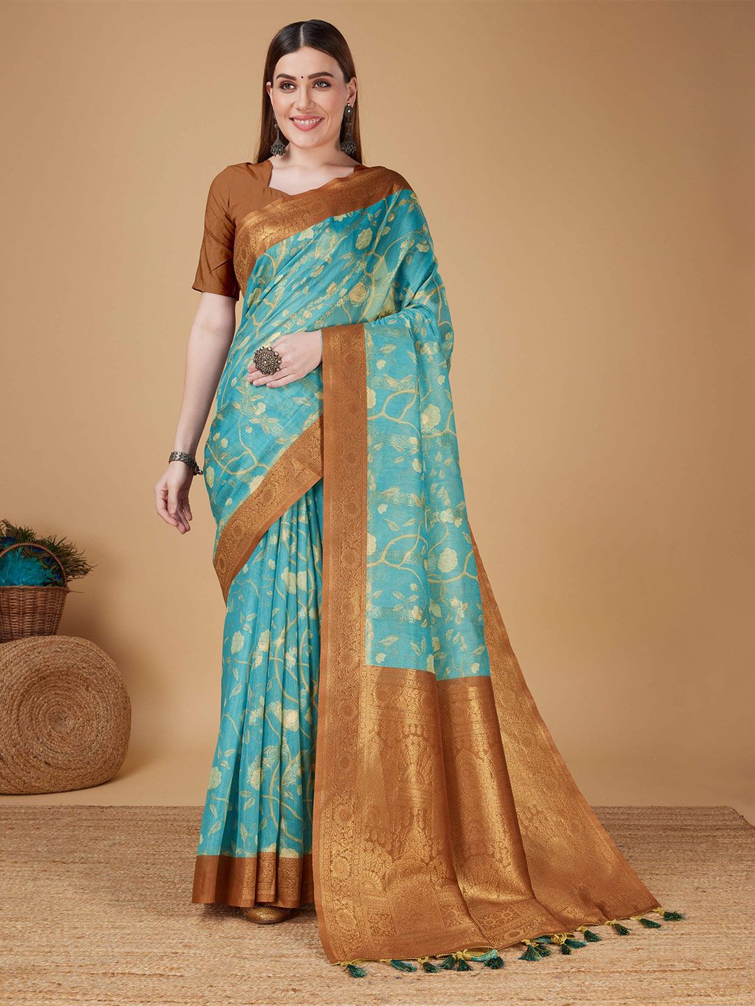 Mitera Teal Silk Cotton Designer Banarasi Saree Price in India