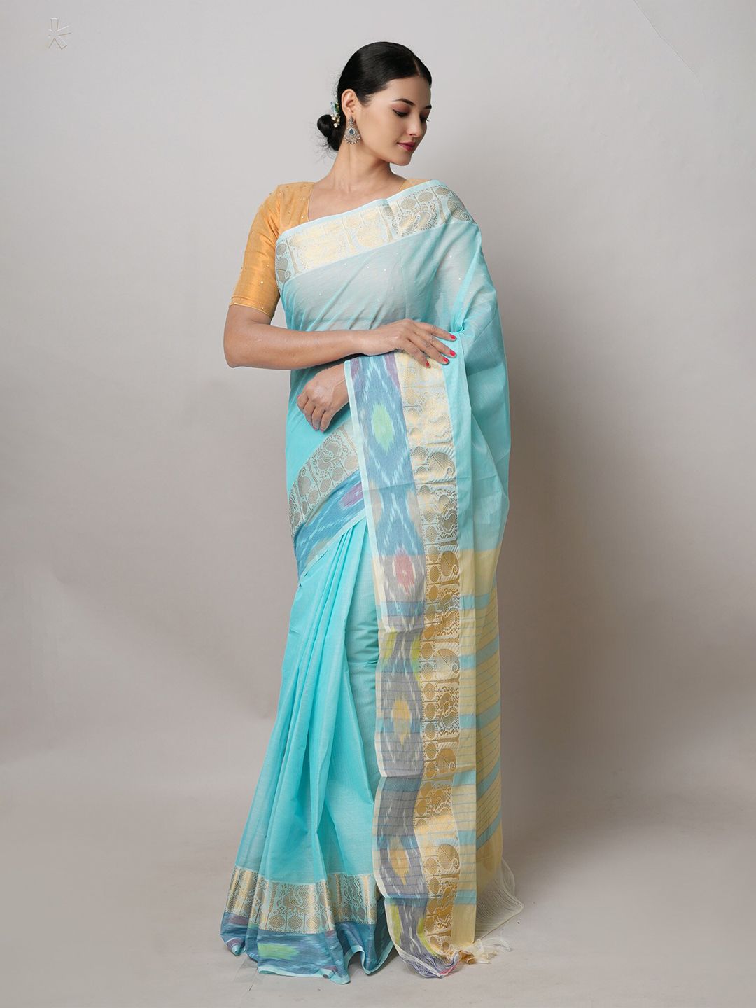 Unnati Silks Blue Woven Design Pure Cotton Handloom Narayan Peth Saree