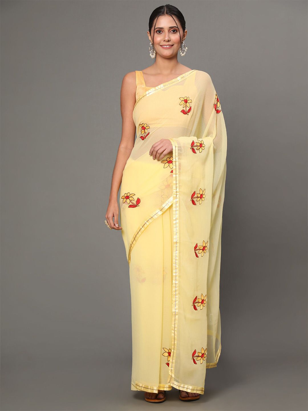 GoStyle Yellow Floral Embroidered Poly Chiffon Heavy Work Kota Saree