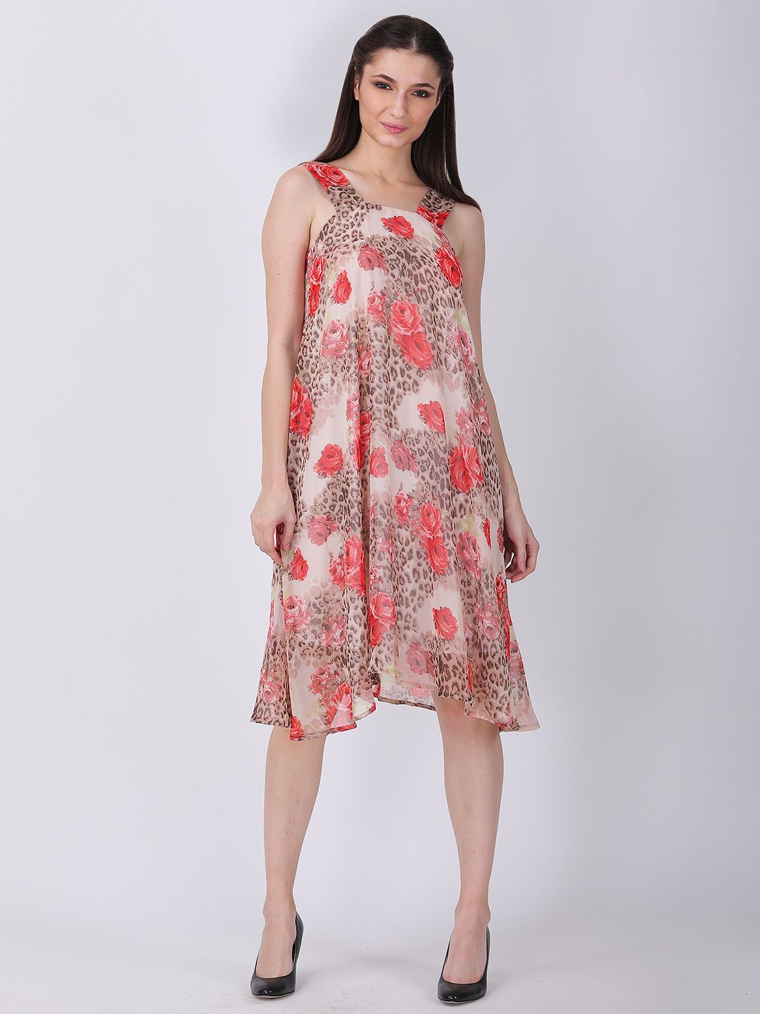 TSM Beige & Red Floral Print Layered Georgette A-Line Midi Dress Price in India