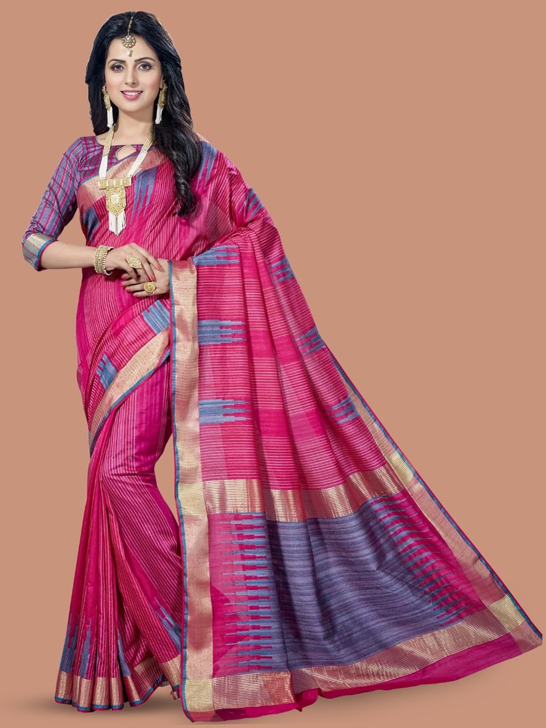 MAGMINA Pink & Gold-Toned Silk Blend Kanjeevaram Saree