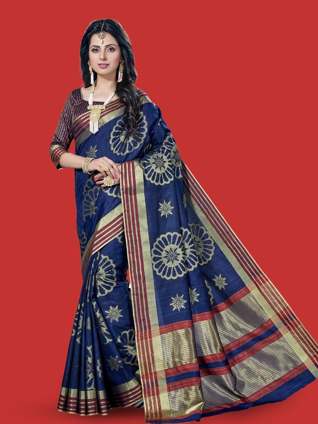 MAGMINA Blue & Beige Silk Blend Kanjeevaram Saree