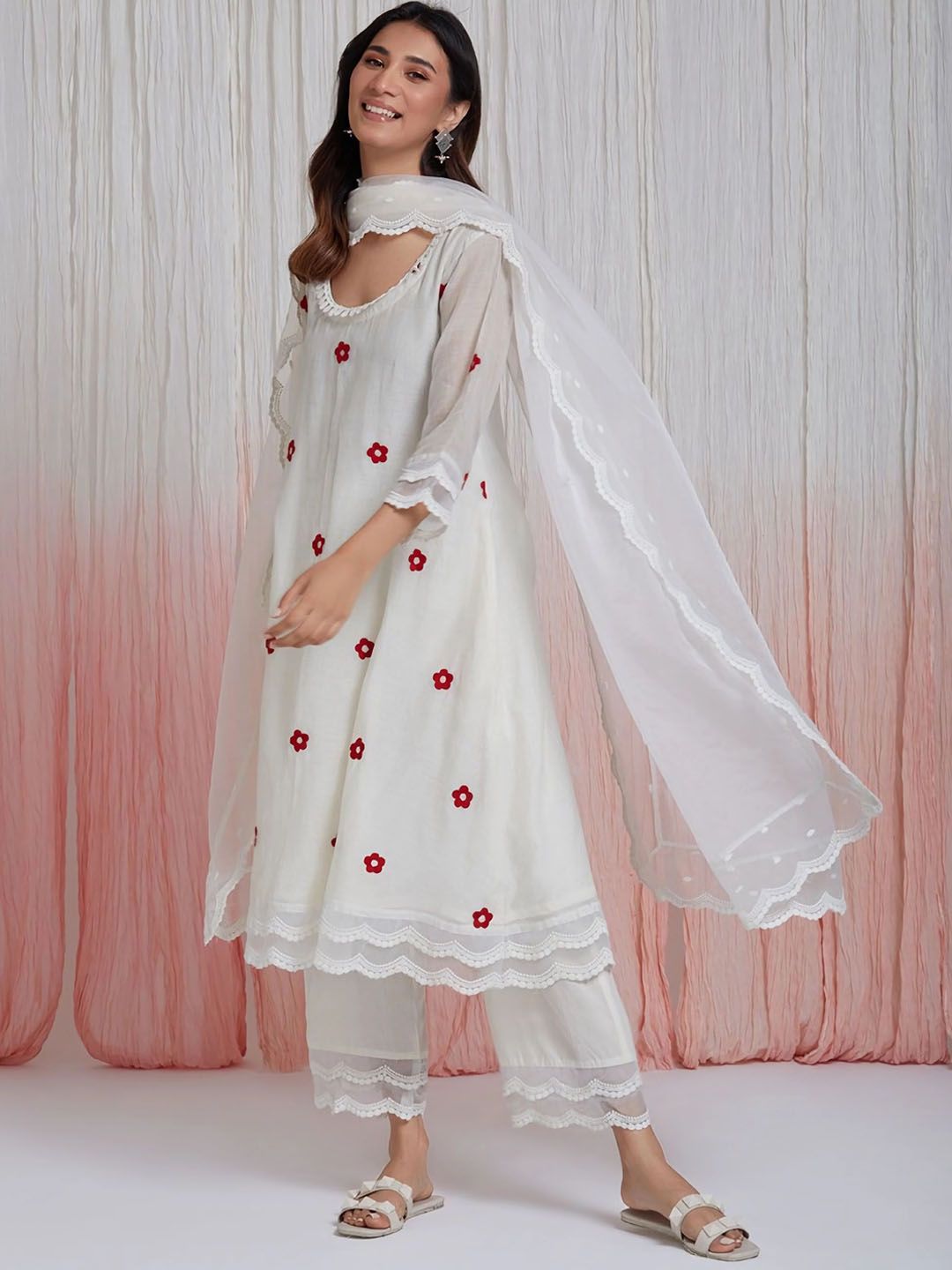 KALINI Floral Embroidered A-Line Thread Work Kurta With Palazzos & Dupatta Price in India