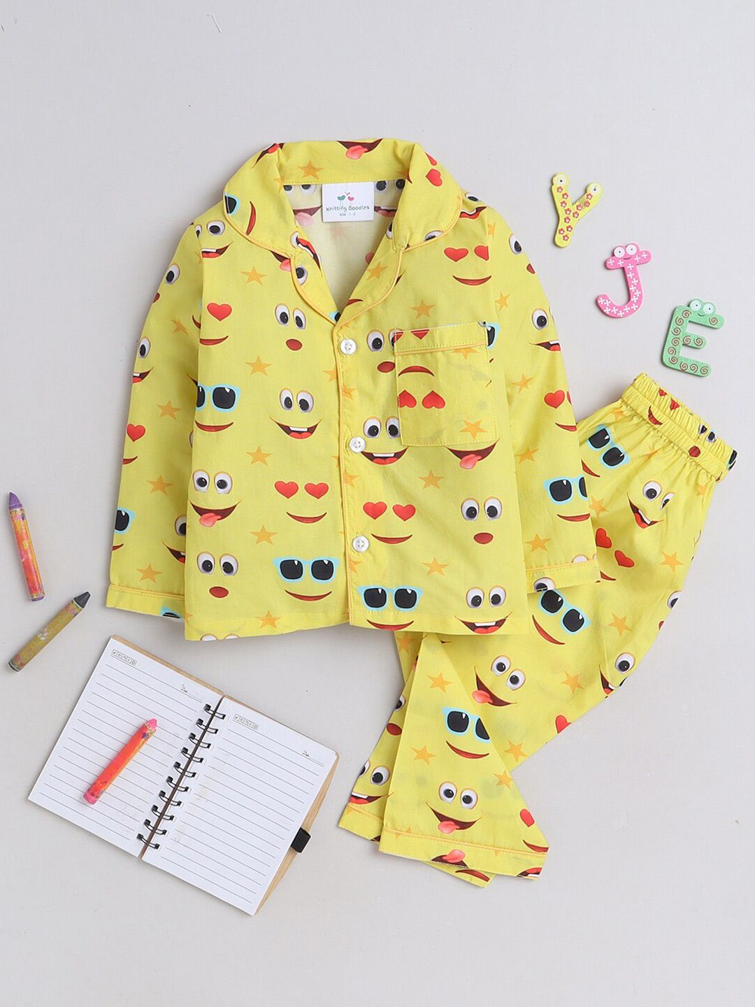Knitting Doodles Kids Conversational Printed Lapel Collar Cotton Shirt & Pyjama