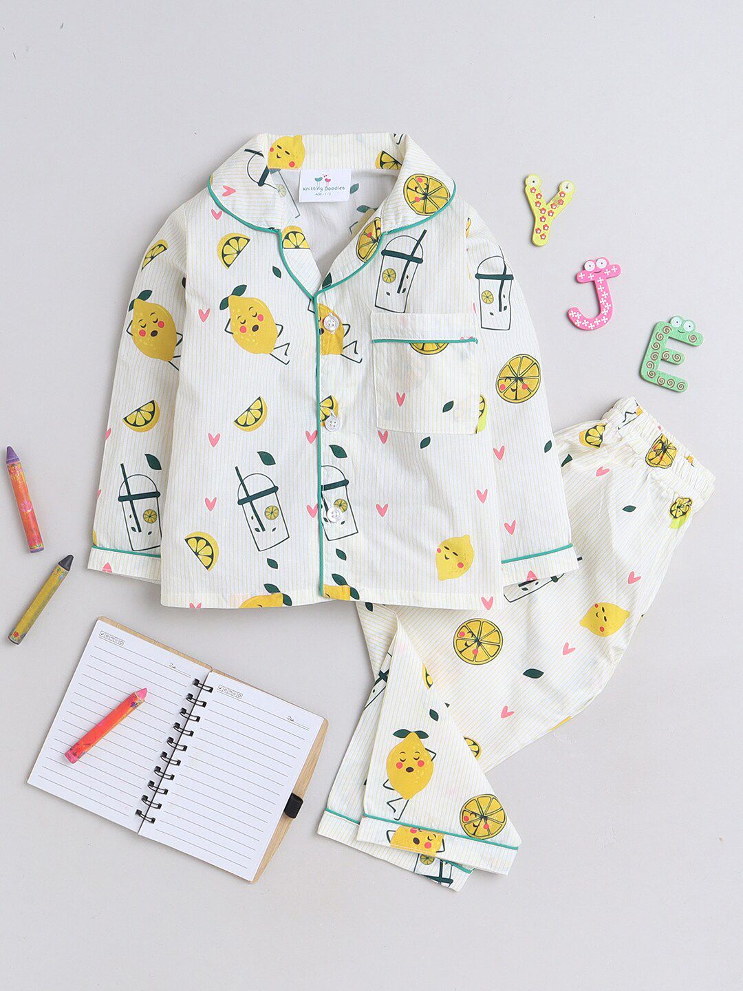 Knitting Doodles Kids Graphic Printed Lapel Collar Night Suits
