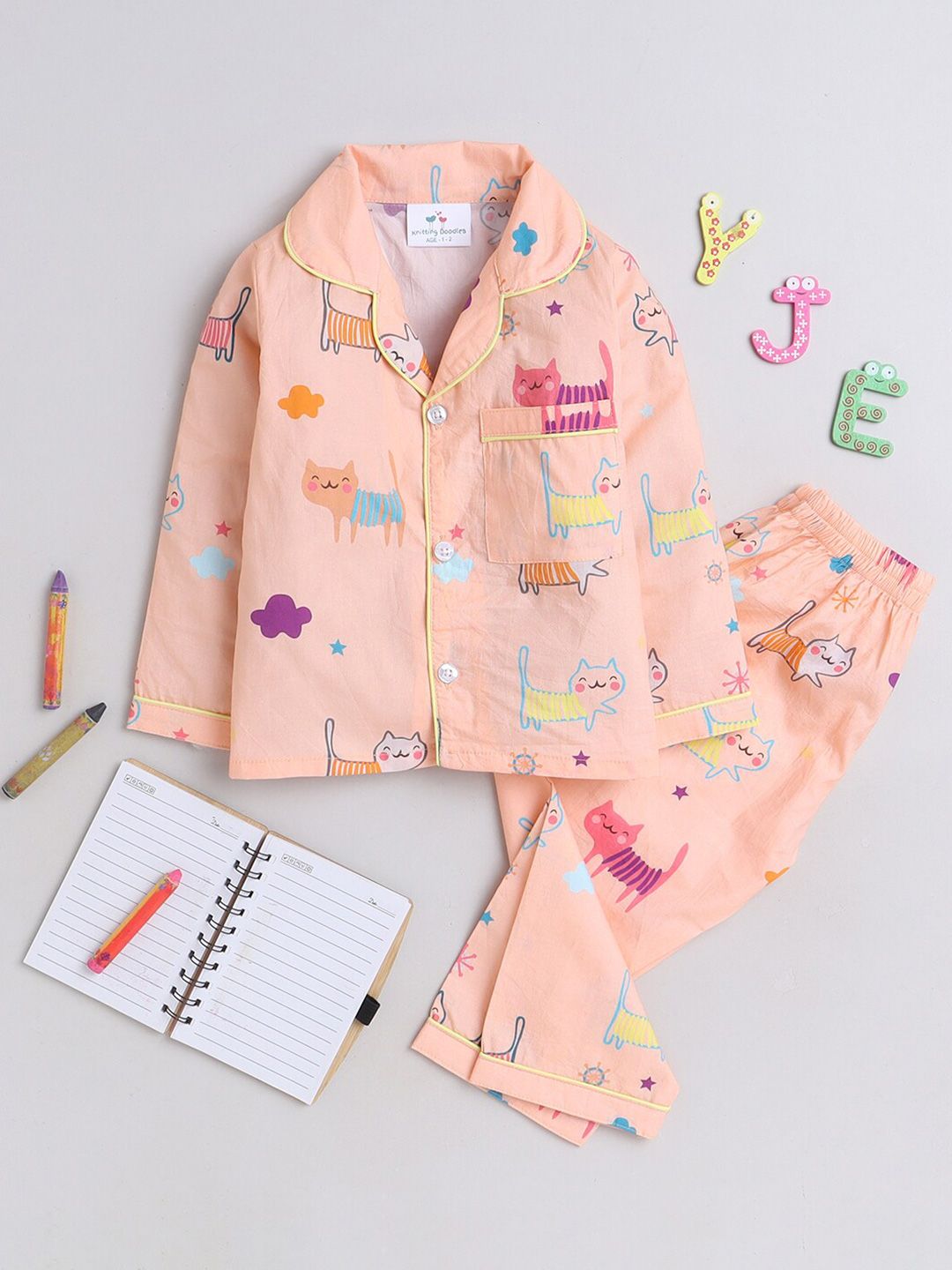 Knitting Doodles Kids Graphic Printed Lapel Collar Night Suits