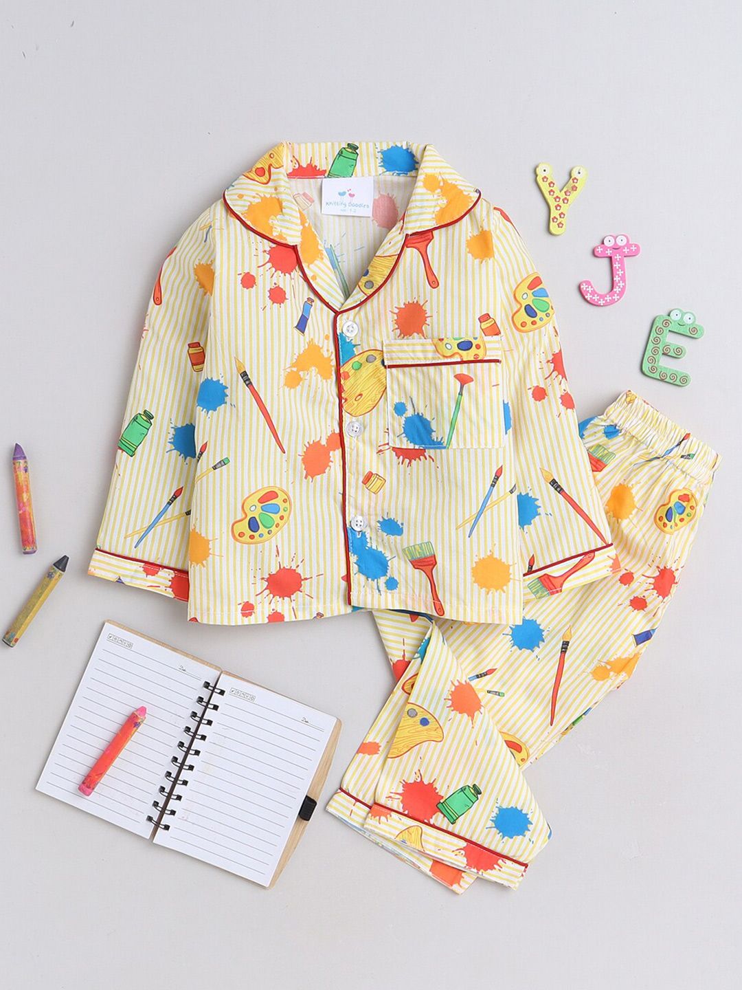 Knitting Doodles Kids Graphic Printed Lapel Collar Night Suits
