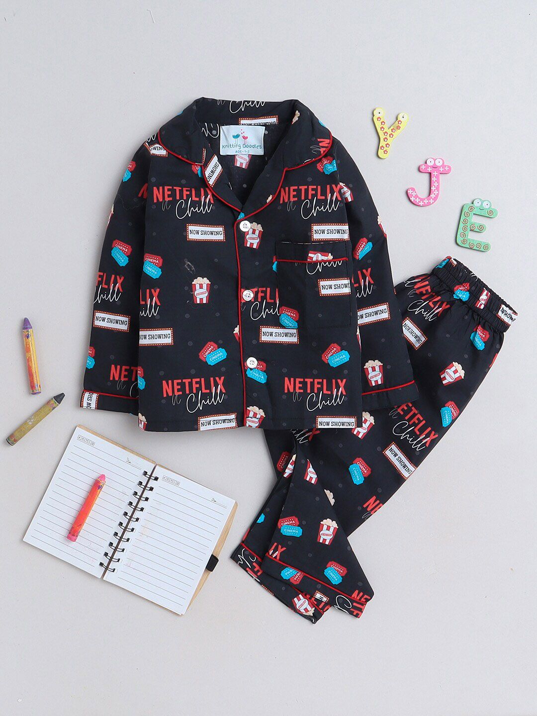 Knitting Doodles Kids Typography Printed Lapel Collar Long Sleeves Pure Cotton Night Suits
