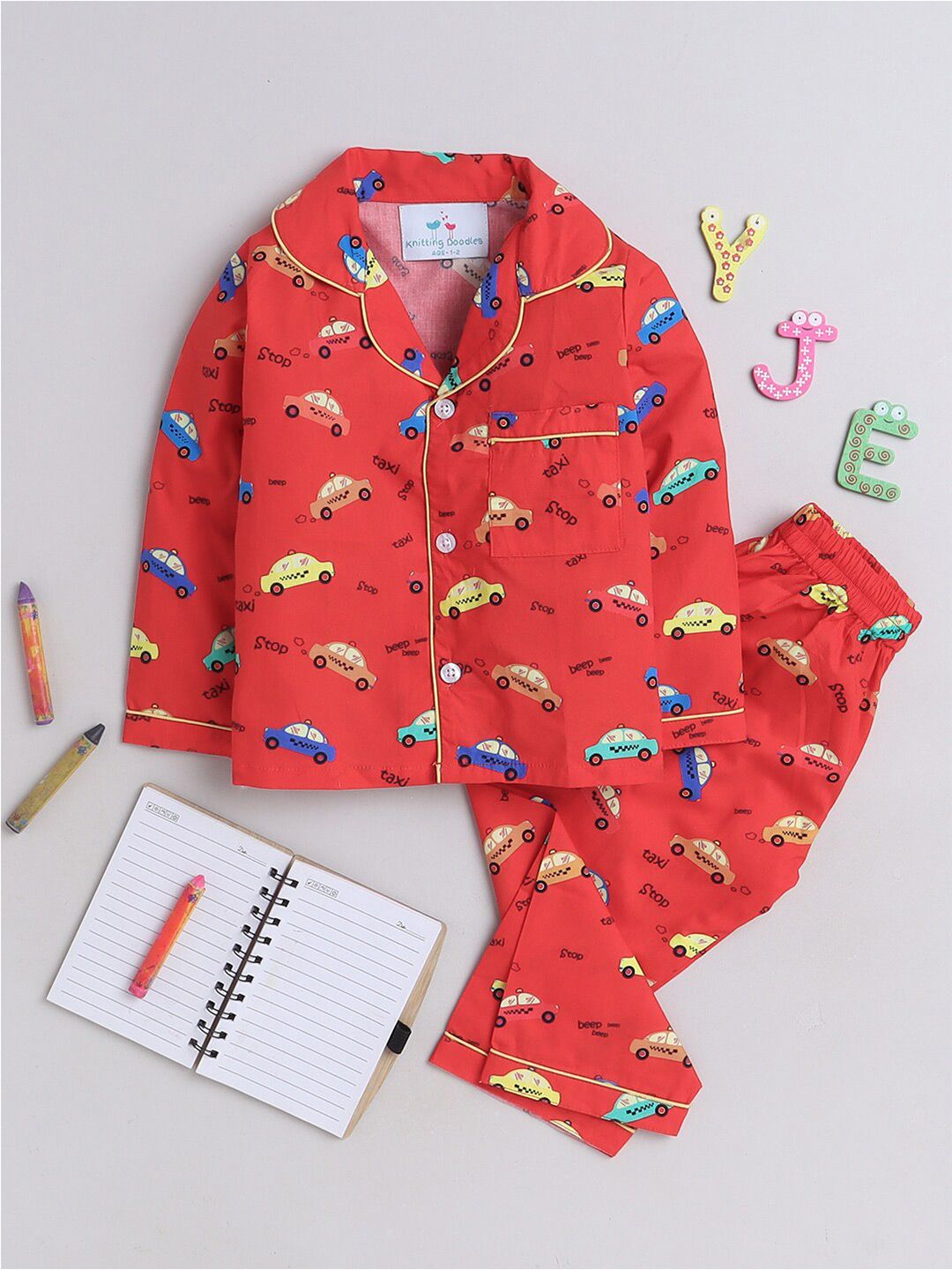 Knitting Doodles Kids Graphic Printed Lapel Collar Long Sleeves Pure Cotton Night Suits