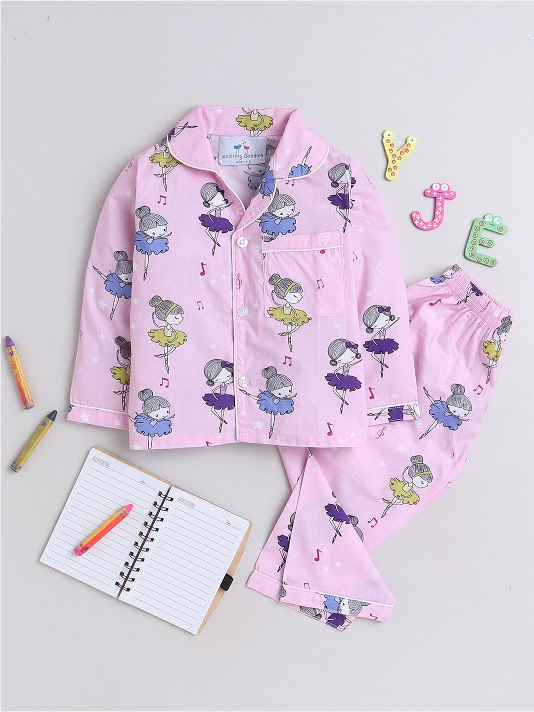 Knitting Doodles Girls Graphic Printed Lapel Collar Long Sleeves Pure Cotton Night Suit
