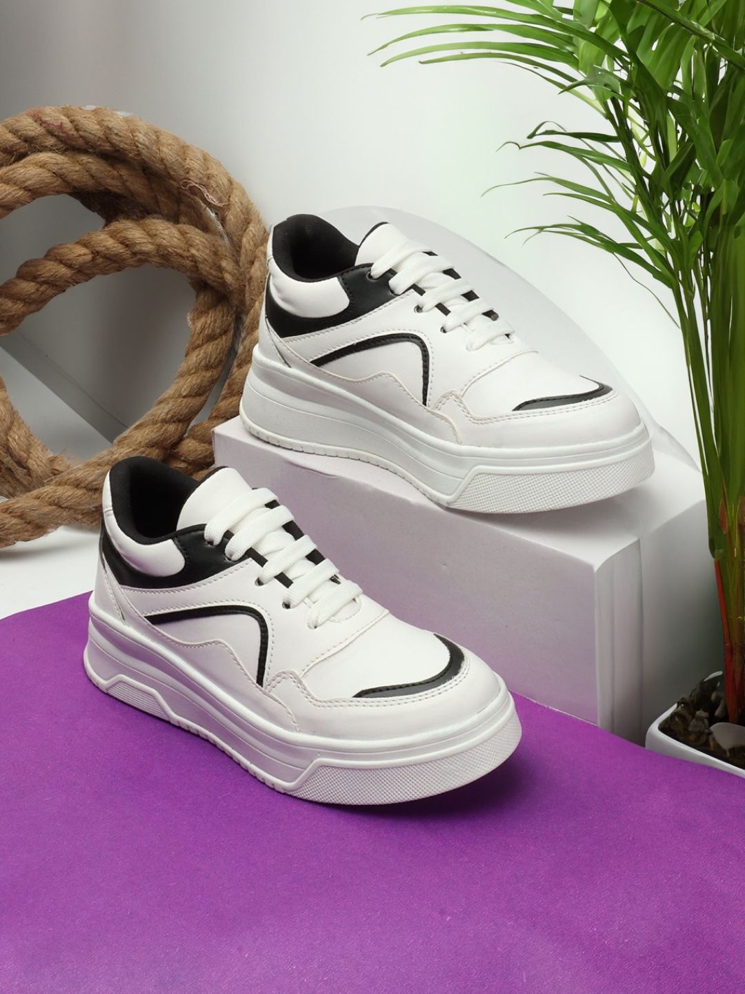 The Roadster Lifestyle Co. Women White & Black Lace-Up Flatform Sneakers