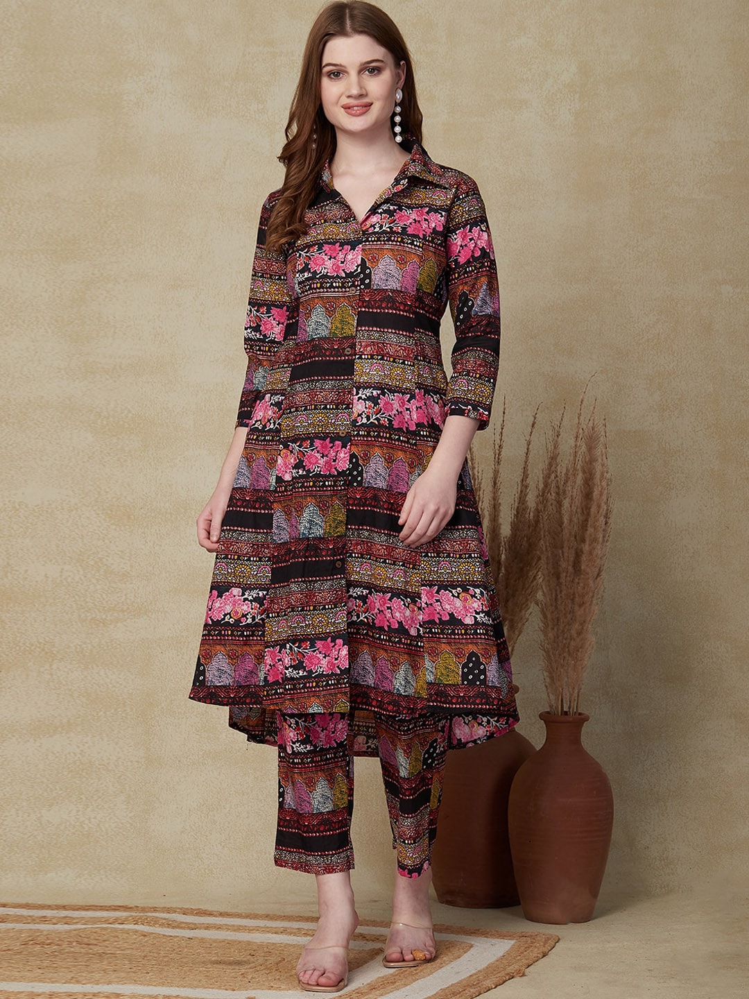 FASHOR Black Ethnic Motifs Printed Pure Cotton Asymmetric A-Line Kurta with Trouser Price in India