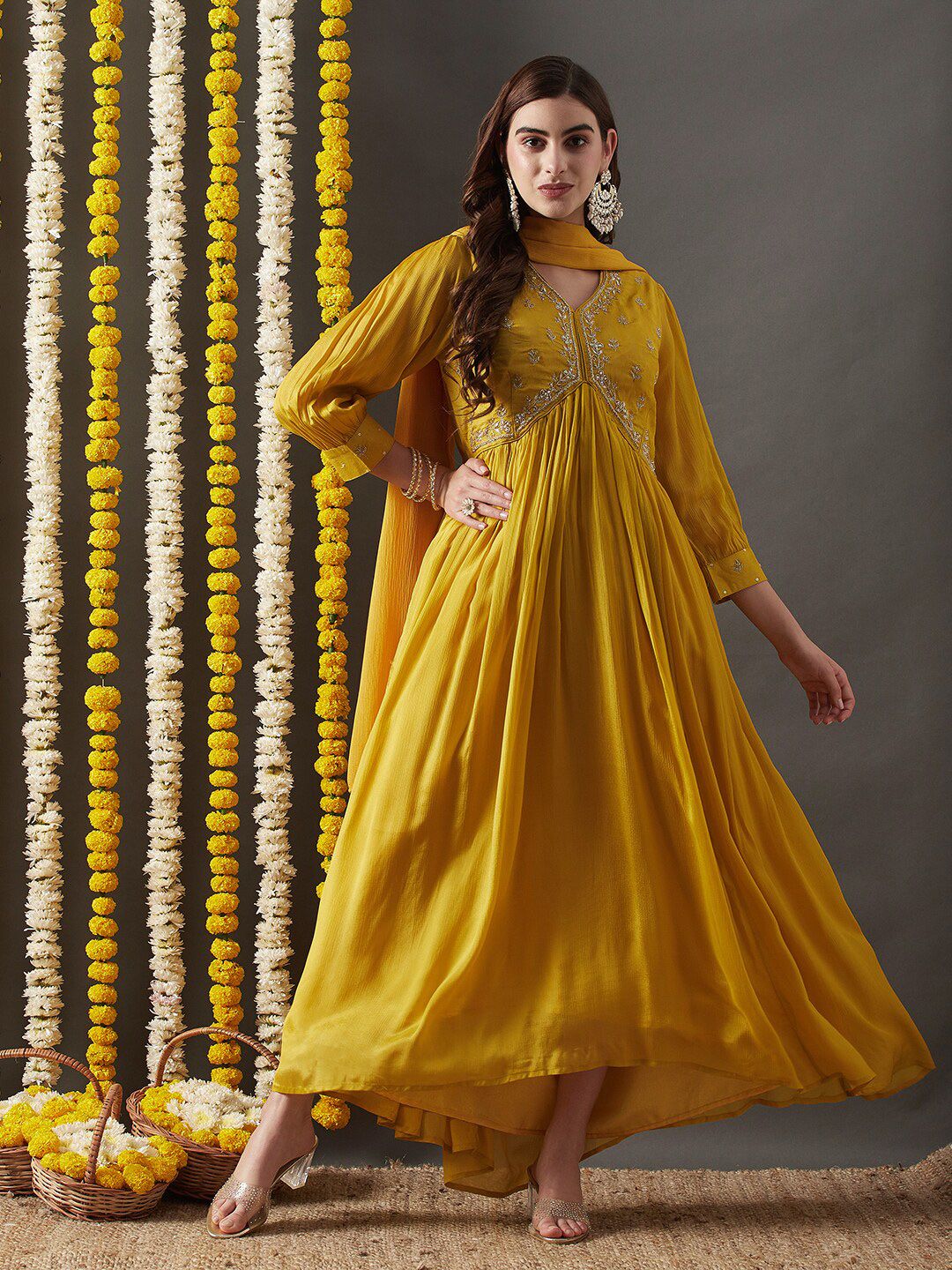 FASHOR Yellow Ethnic Motifs Bishop Sleeve Crepe A-Line Maxi Dress Price in India