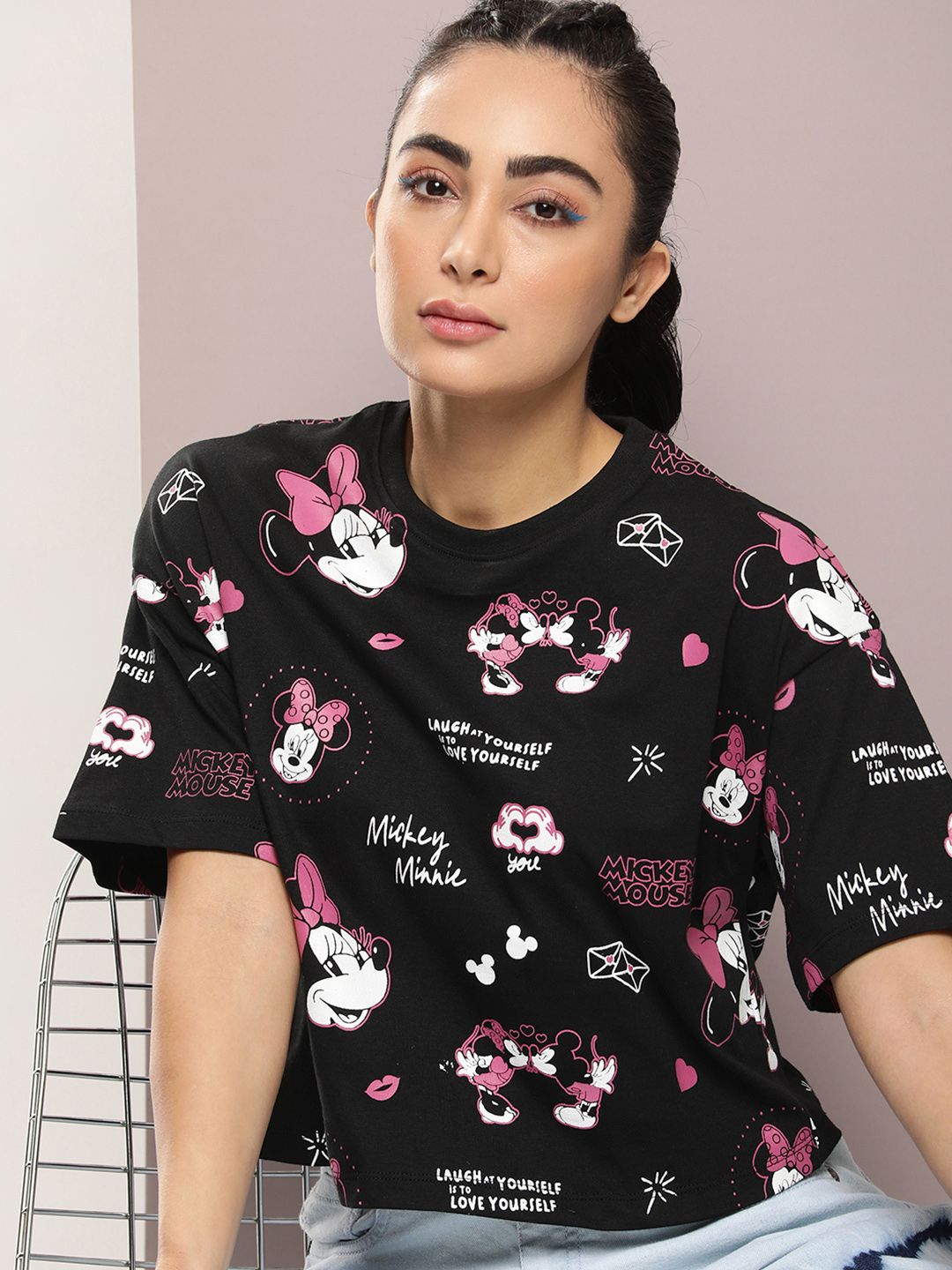 Kook N Keech Disney Mickey & Minnie Printed Drop-Shoulder Sleeves Pure Cotton T-shirt Price in India