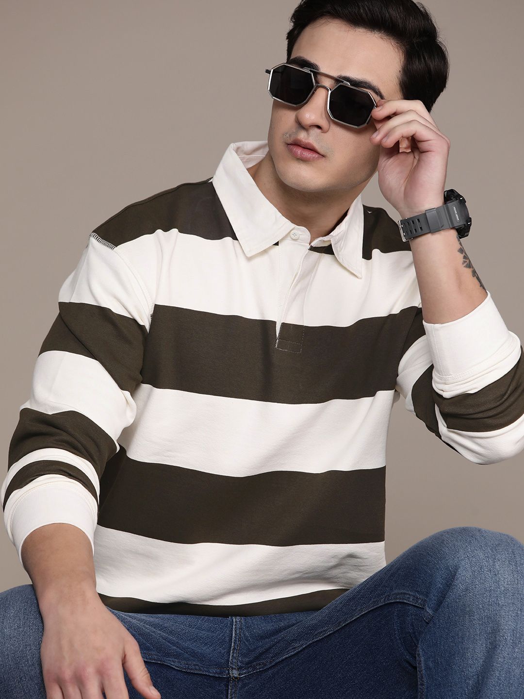 Roadster Men Striped Relaxed Fit Polo Collar T-shirt