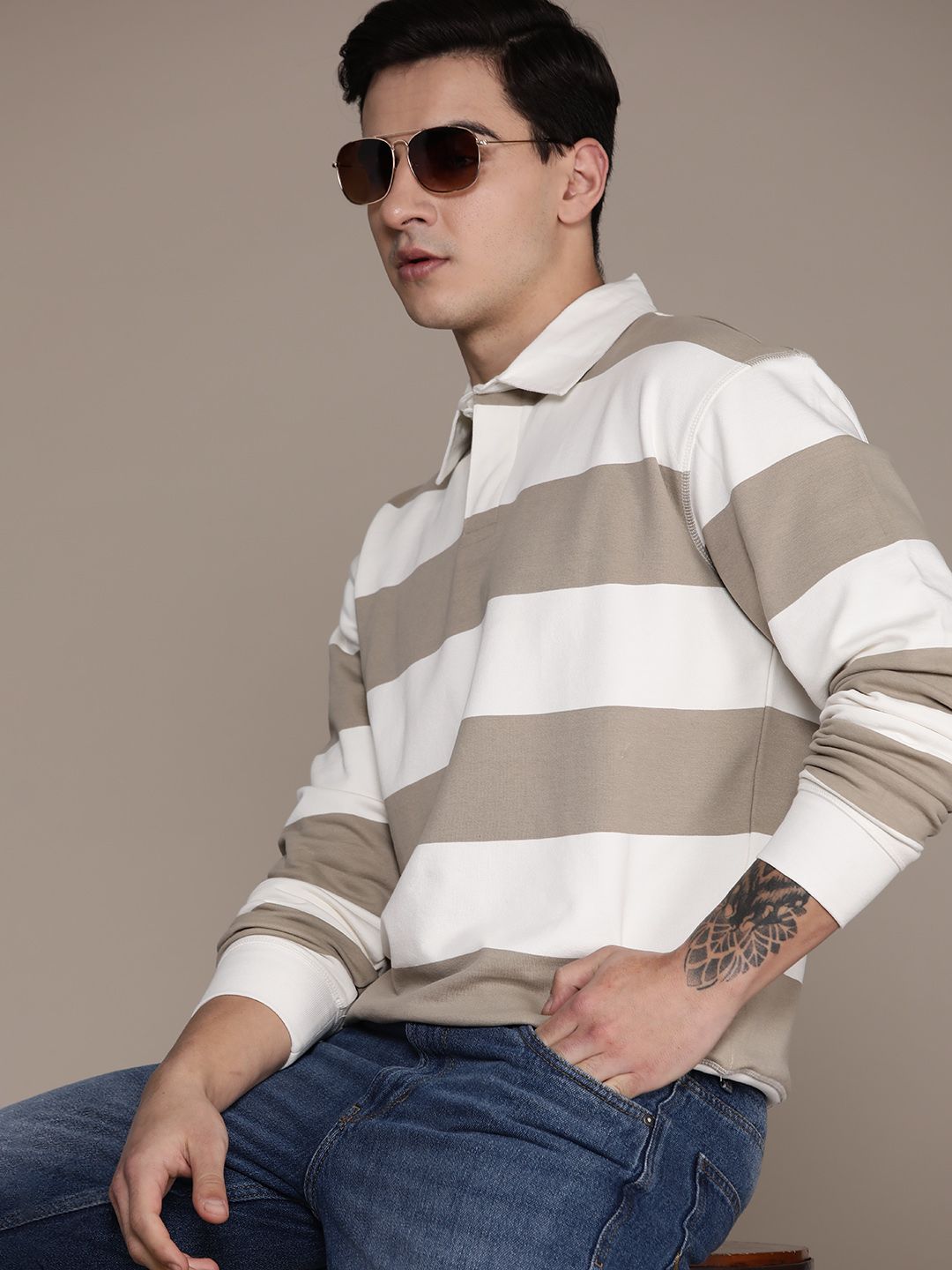 Roadster Men Striped Relaxed Fit Polo Collar T-shirt