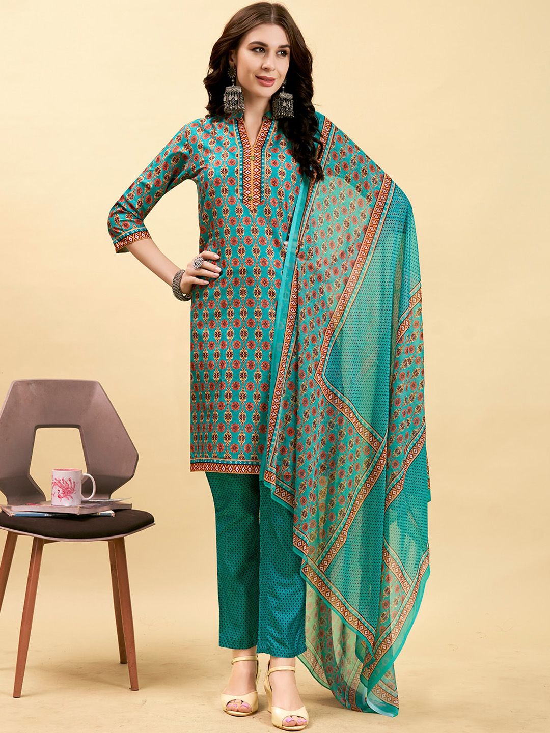 Anouk Women Sea Green Printed Regular Kurta with Trousers & With Dupatta Price in India