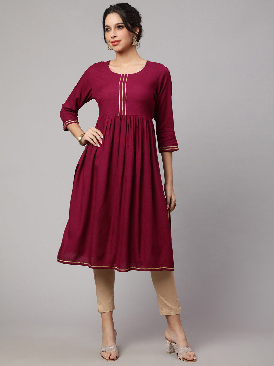 KALINI Gotta Patti Round Neck A-Line Pleated Kurta Price in India