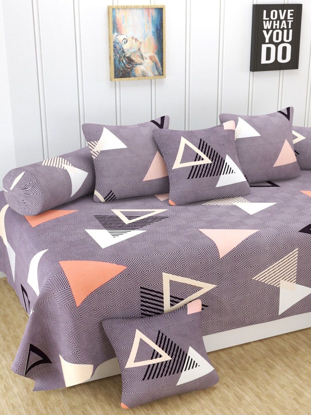 Homefab India Purple & White 8 Pieces Printed Diwan Set